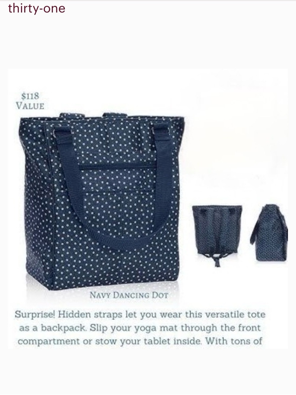 Thirty One Take Two Convertible Tote / Backpack Navy Blue/ White Dancing Dots
